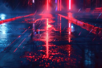 Naklejka premium Neon lights illuminate dark city street at night.