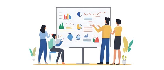 A diverse group of professionals discussing data and charts at a presentation, showcasing teamwork and collaboration.
