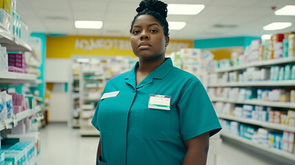Fototapeta premium African American Female pharmacist in a teal uniform standing in a pharmacy aisle, conveying professionalism and dedication in a healthcare setting