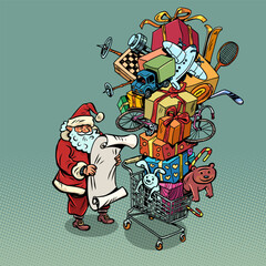 Gifts for New Year and Christmas. Sale of products in winter season. Santa Claus looks at the list of gifts.