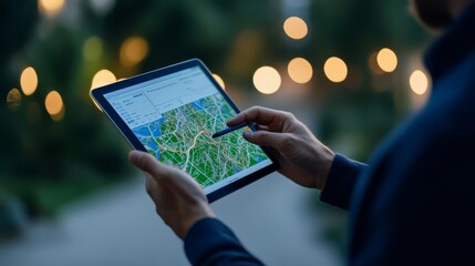 Investor holding a tablet with geospatial data, analyzing on site