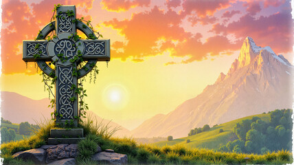 Celtic ornate stone cross at sunset with mountain peaks and Saint Patrick's Day spirit with copy space