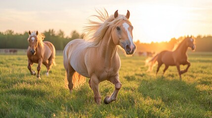 Obraz premium Majestic Sunset at Livestock Farm with Horses Running Free - Capturing the Spirit of Freedom and Wild Beauty in Rural Landscape