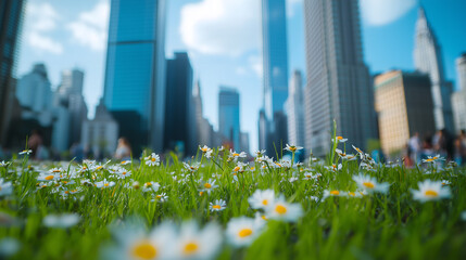 Spring Grass with Urban Skyline