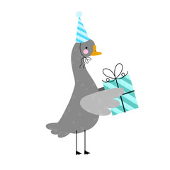 Vector illustration of goose in hat, holding gift in hands, isolated on white background. Cute animal portrait, bird for cards, stickers, birthday greetings, print, design, poster.