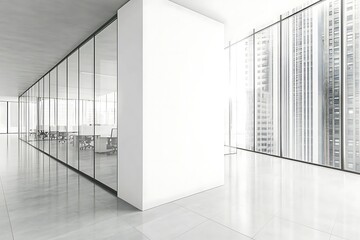 Modern Minimalistic Concrete Coworking Office room with Blank Walls, High Ceilings,and Mockup Frame