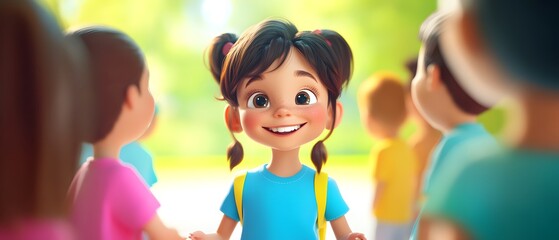 Fototapeta premium A joyful child smiles brightly amidst friends in a vibrant outdoor setting, capturing the essence of childhood happiness.