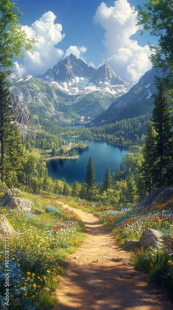 Wall mural Scenic mountain pathway leading to a tranquil lake surrounded by vibrant wildflowers