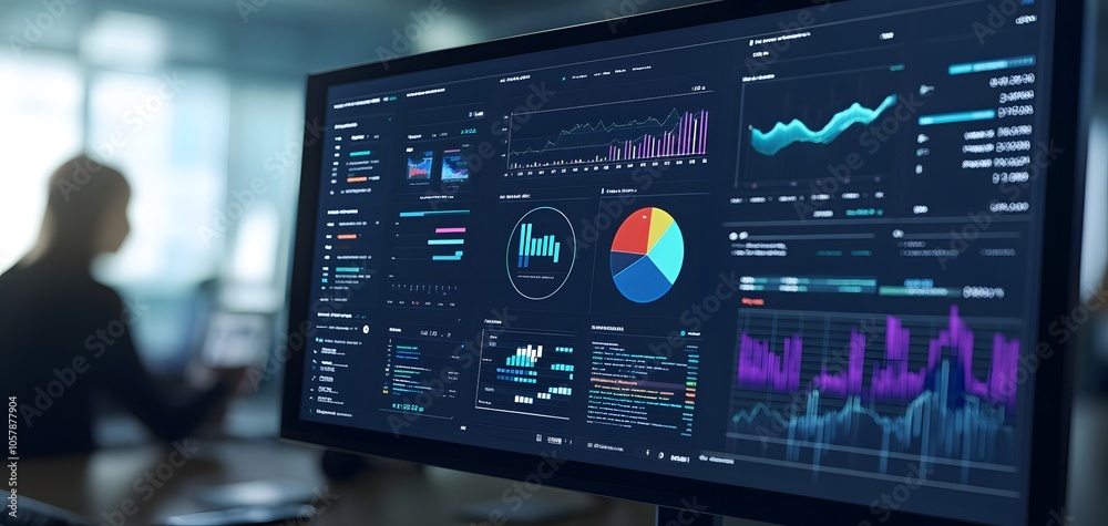 Poster a modern data analysis dashboard displaying graphs, charts, and metrics for business insights and di