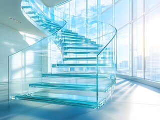 Fototapeta premium A modern glass spiral staircase illuminated by natural light, showcasing elegance and contemporary design in a spacious environment.