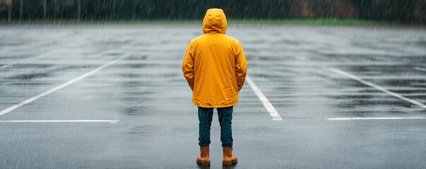 Investor on an empty lot in a rainstorm, braving the elements