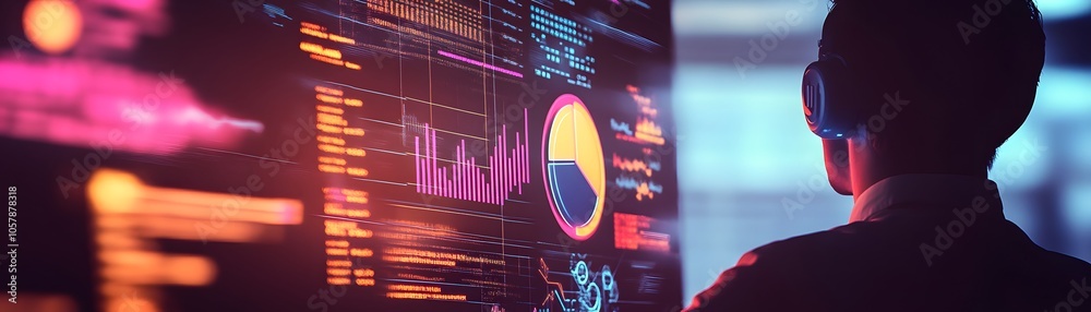 Poster a person analyzing data on a screen, surrounded by colorful graphs and digital metrics in a high-tec