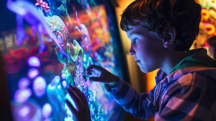 Young boy is fully engaged, touching and exploring a large interactive touchscreen exhibit at an aquarium, illuminating his face with colorful lights