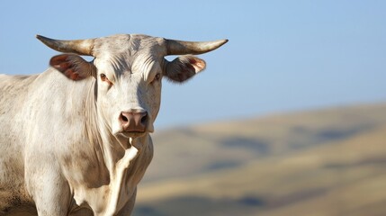 Majestic Bull on Livestock Farm - Portrait of a Strong and Noble Bovine Amidst Rolling Hills in Detailed Close-Up Shot