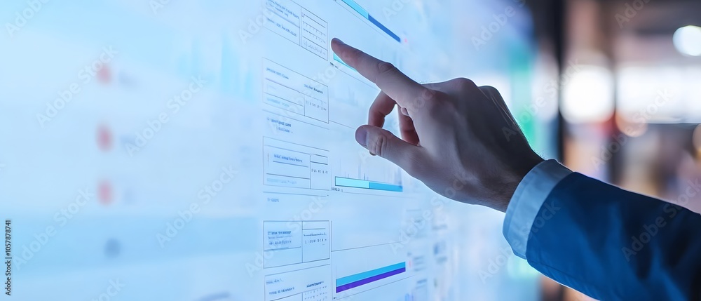 Poster a professional hand interacts with a digital screen displaying data and analytics, symbolizing moder