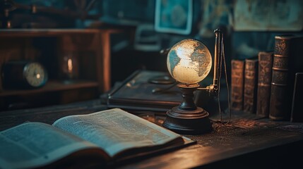 Vintage globe and open book on an antique desk