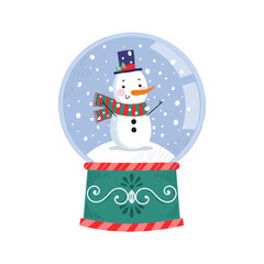Snowball with decoration snowman in hat with scarf. Christmas card. Crystal snow globe isolated on white background. Merry Christmas and Happy New Year. Vector illustration.
