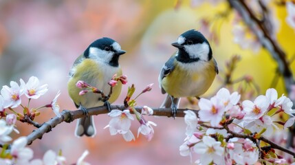 Obraz premium Two playful tits flit between the blooming branches, their lively movements embodying the spirit of spring in the garden.
