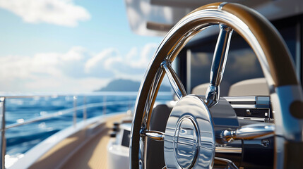 A classic modern ship's steering wheel used for navigating and maneuvering a boat at sea, featuring a wooden frame and a metal center.