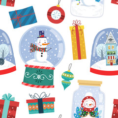 Seamless pattern of snowy Christmas balls. Snow globes with snowmen and houses, gifts, Christmas tree toys and branches in flat style on white background. Christmas and New Year decoration.