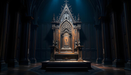 Naklejka premium Large carved wooden throne in a dark church room isolated with white highlights, png