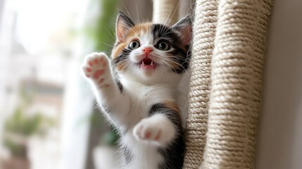 A lively calico kitten explores a scratching post, showcasing its playful spirit