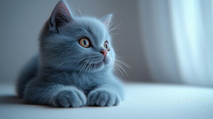 A fluffy blue kitten with big eyes relaxes quietly, enjoying the gentle sunlight