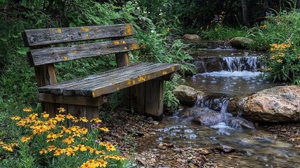   A wooden bench resting beside a river amidst a forest adorned with wildflowers and a cascading waterfall