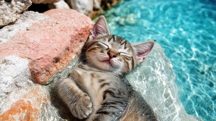 A cheerful kitten reclines peacefully near sparkling water under the warm sun