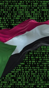 Sudan flag - 3D realistic waving flag on matrix digital background with binary code