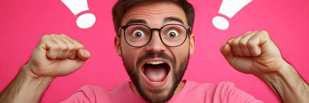 A man with glasses and a big smile on his face. He is holding his hands up in the air and has an exclamation point on his forehead. Concept of excitement and joy