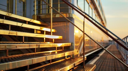 Golden stairs are glistening in the setting sun, leading to the entrance of a luxurious cruise ship, promising an unforgettable journey