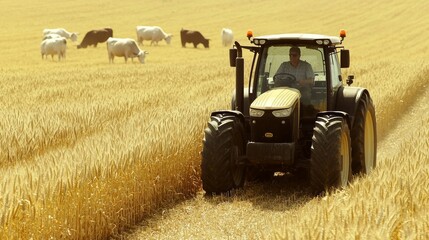 Obraz premium Golden Harvest: Farmer Riding Tractor in Wheat Field with Grazing Livestock, Harmony of Farm Life