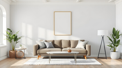 Living room interior mockup with wall poster. Generative AI