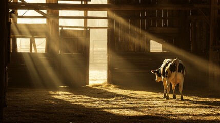 Serene Dairy Cow Being Milked in Sunlit Rustic Barn on Livestock Farm