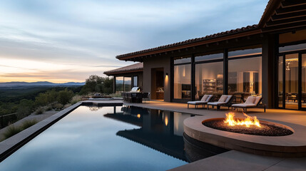 Fototapeta premium Modern luxury home with infinity pool and fire pit at sunset, featuring panoramic views of rolling hills and large windows reflecting warm interior lighting.