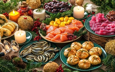 A colorful Swedish julbord featuring gravlax, pickled herring, and saffron buns, arranged on a table with Scandinavian holiday decorations like straw ornaments, candles, and fresh greenery