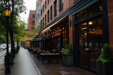 Fototapeta premium Outdoor dining area at a cozy urban restaurant on a rainy evening with string lights