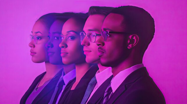 Group of diverse businesspeople with digital holograms and tech overlays, symbolizing global collaboration