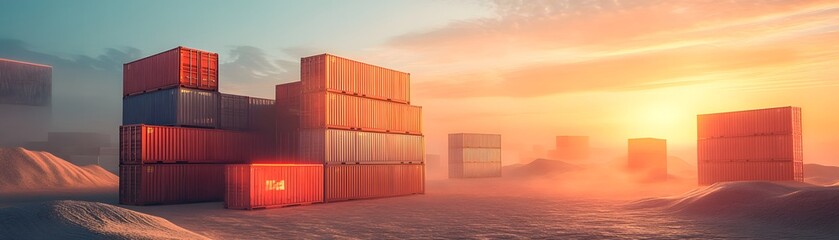 An impressive view of stacked shipping containers at sunset, creating a striking landscape filled with vivid colors.