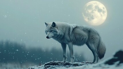 Naklejka premium A wolf on a snowy hill with a full moon in the background