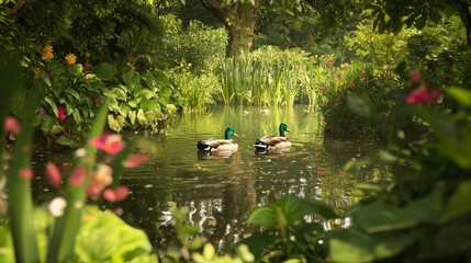 Fototapeta premium Serene Ducks Swimming in a Lush Farm Pond Surrounded by Vibrant Flowers - Rural Landscape Beauty