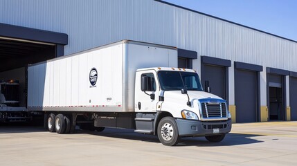 white modern cargo truck in front of company