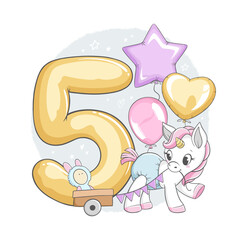 Vector illustration of golden number five with cute little unicorn and balloons isolated on white background. For kids parties, stickers, print, cards