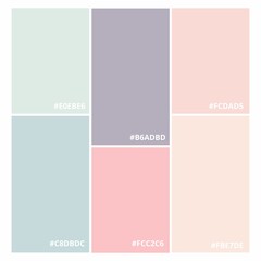Six color combinations, a collection of vector color palettes with hex codes, pastel delicate tone, fashion concept, brand layout. A guide to tone and color. Different color solutions.