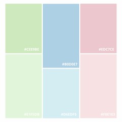 Six color combinations, a collection of vector color palettes with hex codes, pastel delicate tone, fashion concept, brand layout. A guide to tone and color. Different color solutions.