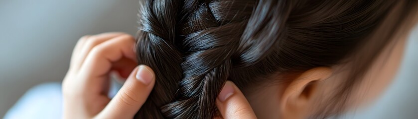 Obraz premium Close-up of a person braiding hair, showcasing detailed technique and texture in an intimate setting.