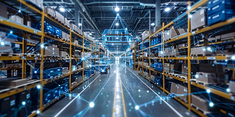 Fototapeta premium Smart Warehouse with Digital Network Overlay | Advanced Inventory Management System
