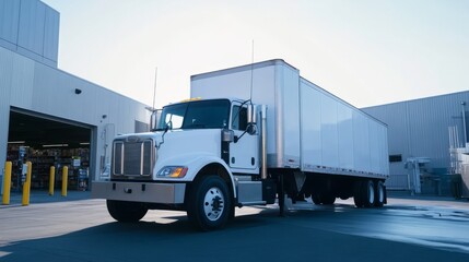 white cargo truck in front of company