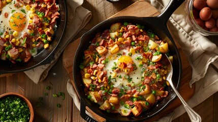 A bird's eye view of two heavy-duty cast iron pans brimming with a delicious breakfast skillet, just waiting to be devoured. The sizzling aroma of eggs, potatoes, 